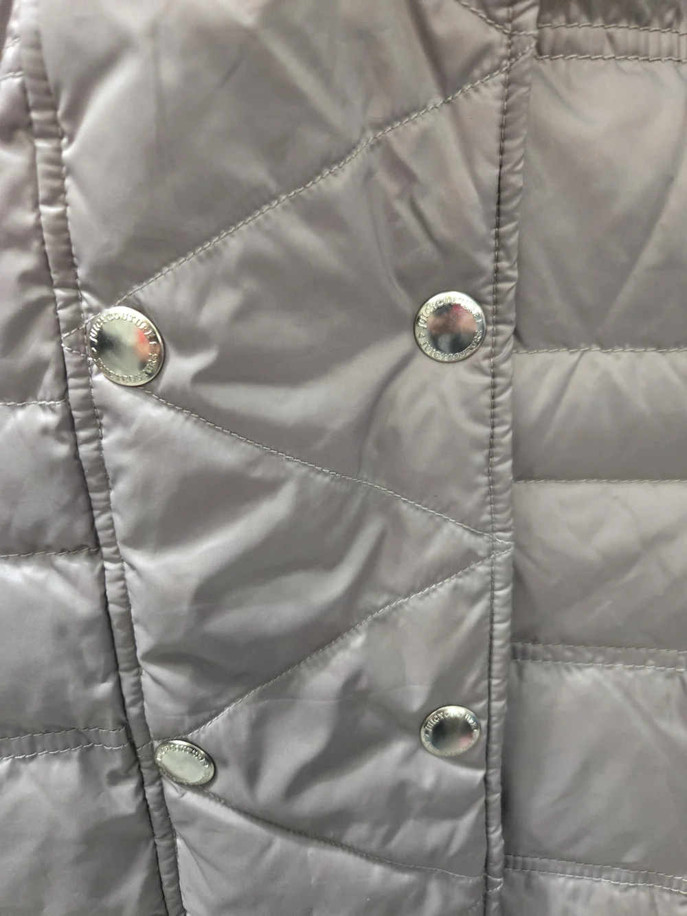 Juicy Couture Women's Taupe Puffer Coat with Faux Fur Trim